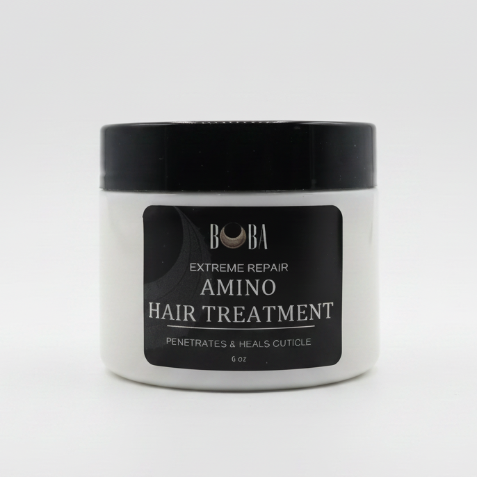 Jar of hair treatment on a white surface
